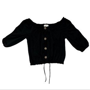 WOMENS RUNCHED BUTTON BLOUSE BLACK